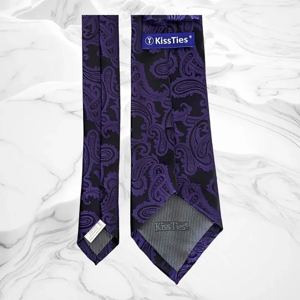 KissTies Men'sTie Purple & Black Paisley Pattern Necktie Hand Made Microfiber